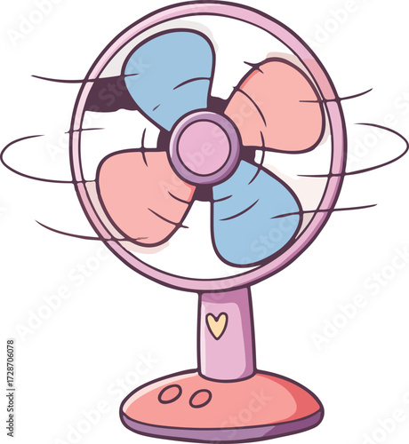 Illustration of a pink desktop fan with blue and pink blades and a heart on the base against a white background.