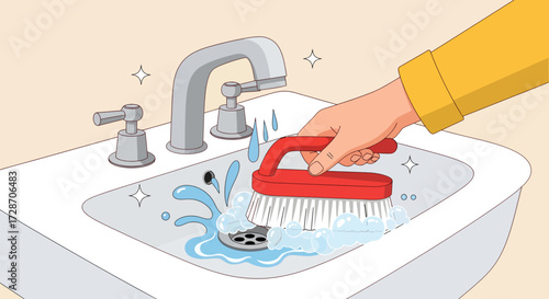 Cleaning a sink with a brush and water.