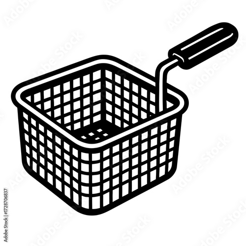 Black and White Frying Basket Vector - Kitchenware Illustration for Cooking, Deep Frying, and Food Preparation