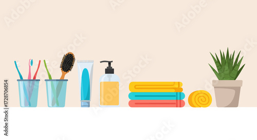 A set of bathroom accessories including toothbrushes, a hairbrush, toothpaste, liquid soap, colorful towels, and a small potted plant.