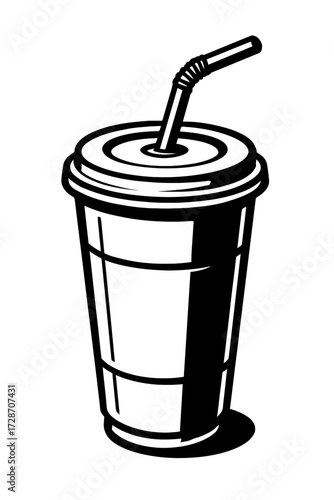 Classic Disposable Paper Cup with a Straw - Monochrome Hand Drawn Vector Graphic