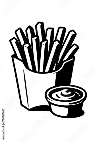 Classic French Fries and Dipping Sauce - Monochrome Hand Drawn Vector Graphic
