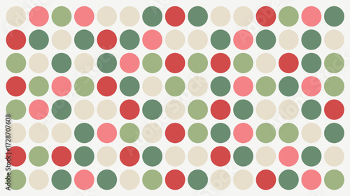 A repetitive pattern of red pink green and cream colored circles evenly spaced on a white background