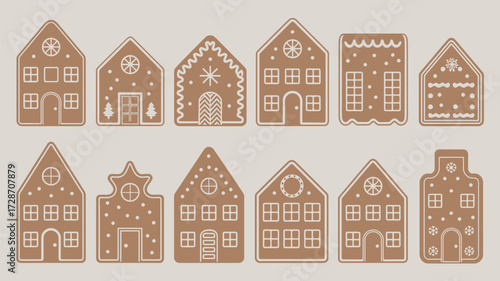 A collection of gingerbread houses with various designs and decorations arranged in a symmetrical pattern
