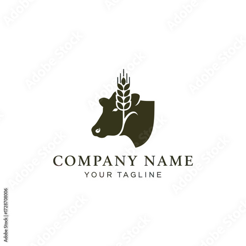 Stylized minimalist logo design featuring a cow's head integrated with an ear of wheat, representing agriculture, farming, dairy, and organic food industries, on a clean white background., Flat