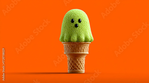 Halloween ghost ice cream cone on orange background