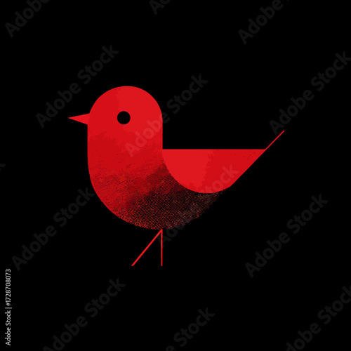 Stylized, red geometric bird figure, isolated against a stark black background