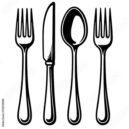 Elegant Black and White Cutlery Set - Fork, Knife, and Spoon Vector Illustration for Culinary and Restaurant Designs