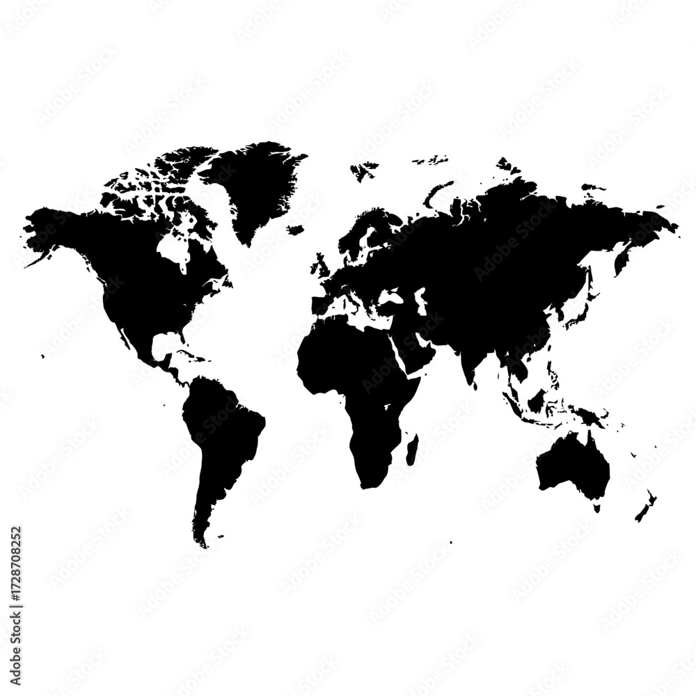 Naklejka premium A monochrome depiction of Earth's continents, rendered as black shapes against a white background