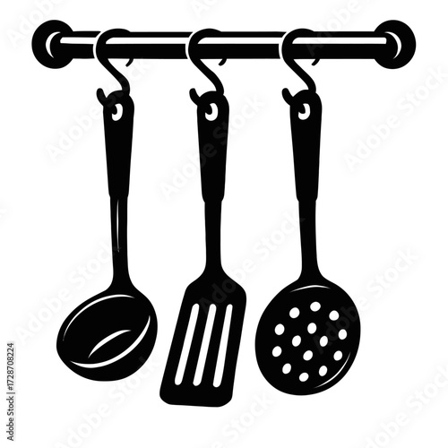 Minimalist Black and White Kitchen Utensils Hanging on a Rack - Vector Illustration for Culinary Design and Home Decor