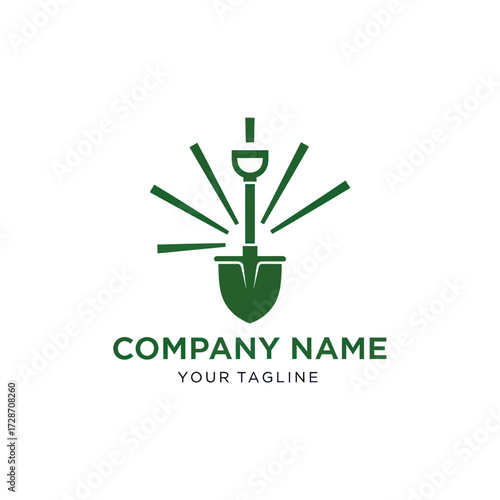 Green Shovel Logo with Radiating Light Rays, Ideal for Gardening, Landscaping, and Construction Branding, Flat Vector Elements, Vector Illustration, Simple Vector, Stylized Vector Drawing, Vector