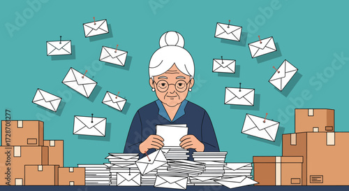 An elderly woman with her hair in a bun, surrounded by stacks of mail and packages, sorting letters.