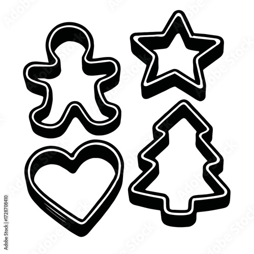 Set of Black and White Cookie Cutters - Gingerbread Man, Star, Heart, and Christmas Tree Shapes for Holiday Baking
