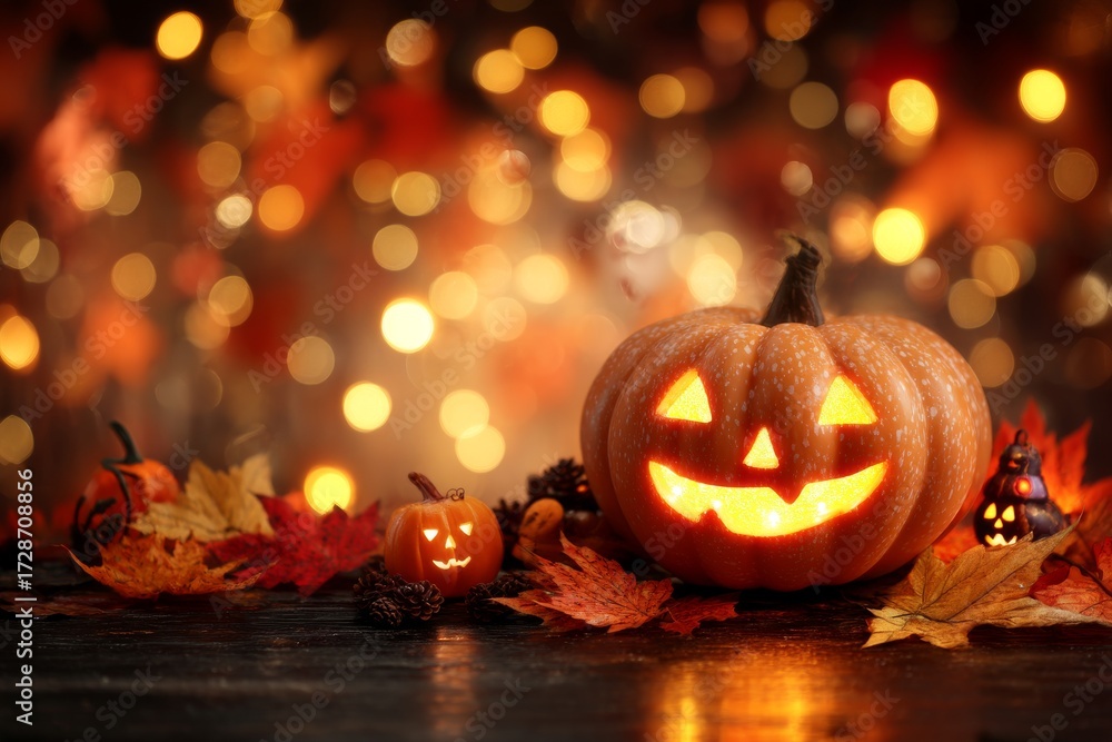 Fototapeta premium Glowing Jack-o’-Lantern with Warm Lights and Fall Decorations, Festive Halloween Background with Space for Text