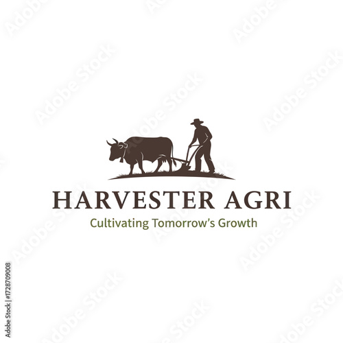 Harvester Logo with Traditional Farmer Plowing Field with Ox and 'Cultivating Tomorrow' Slogan on White Background, Flat Vector Elements, Vector Illustration, Simple Vector, Stylized Vector Drawing,