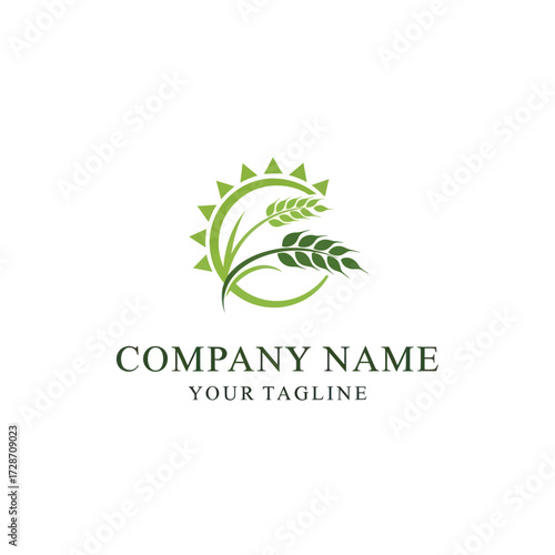 Green agricultural logo with wheat, sun, and leaves, symbolizing nature, growth, and harvest for farming or food-related businesses on a white background., Flat Vector Elements, Vector Illustration,