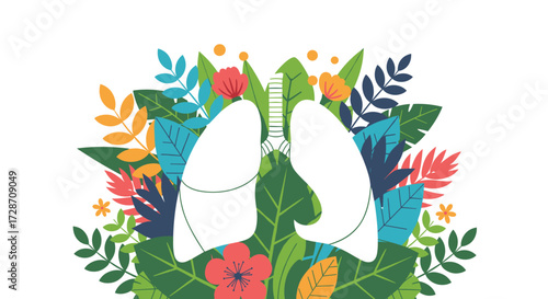 Illustration of lungs surrounded by colorful flowers and green leaves symbolizing health and nature.