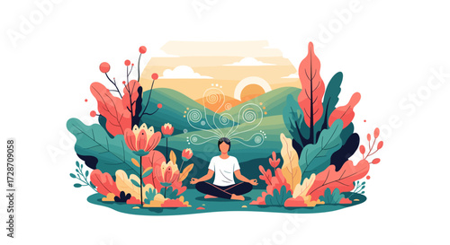 A person meditates peacefully in a lush garden surrounded by colorful plants and rolling hills.