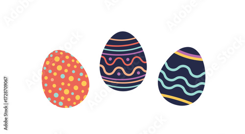 Three colorful decorated eggs on a white background symbolizing the Easter holiday.