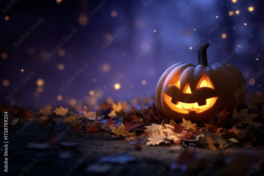 Naklejka premium Glowing Jack-o’-Lantern in Dark Spooky Setting with Autumn Leaves and Starry Purple Night Sky – Traditional Halloween Atmosphere with Soft Shadows and Highlights