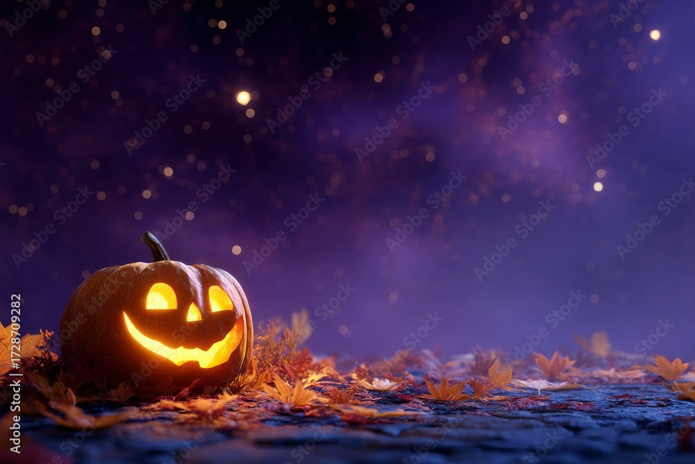 Naklejka premium Glowing Jack-o’-Lantern in Dark Spooky Setting with Autumn Leaves and Starry Purple Night Sky – Traditional Halloween Atmosphere with Soft Shadows and Highlights