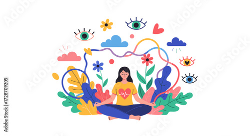 A woman meditates surrounded by vibrant nature and symbols of perception and emotion.