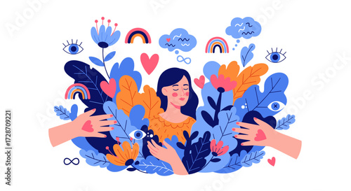 Embracing inner peace and self-love amidst nature's embrace and supportive hands.