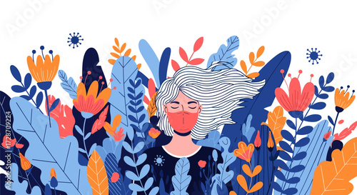 A woman wearing a mask stands in a vibrant garden surrounded by diverse plants and flowers.