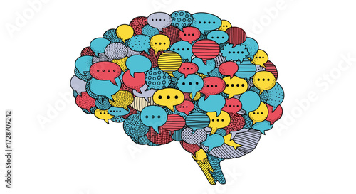 Illustration of the human brain filled with colorful conversation bubbles representing thoughts and communication.