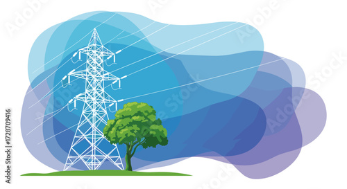 High voltage transmission tower in green natural landscape with swirling blue background.