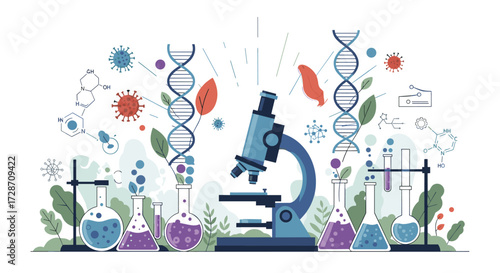 Scientific research and development with a microscope and DNA strands.