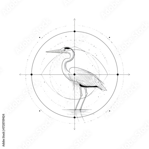 A crane stands within a circular composition rendered in grayscale, delicate, line work