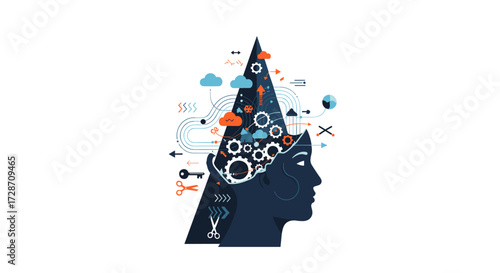 The unfolding of human intellect and cognitive processes within a stylized mindscape illustration.