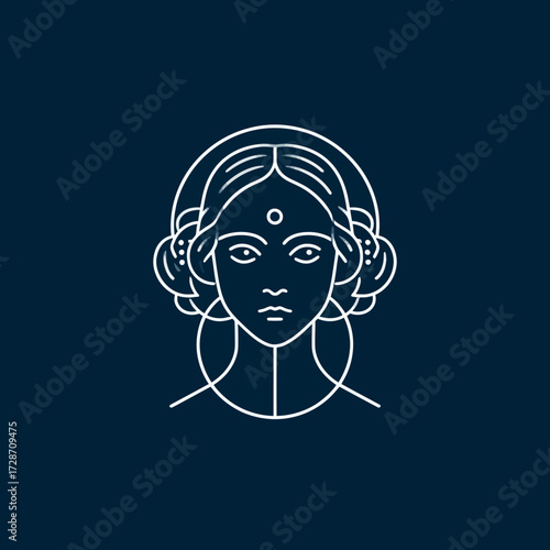 Linear woman portrait with detailed hairstyle and simple facial expression