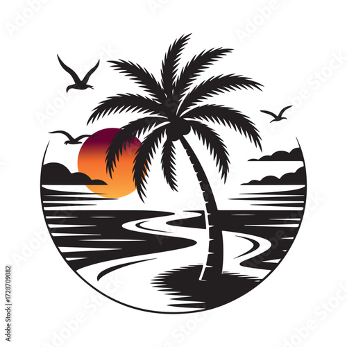 Monochromatic Palm Tree Sunset Vector Illustration Badge