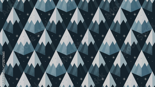 Repeating pattern of stylized mountains with stars on a dark blue background creates a wintery scene