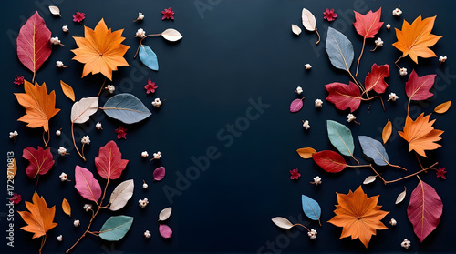 Colorful leaves and small flowers arranged on dark background