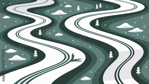 A winding snow covered road through a winter landscape with trees and clouds in a cartoon style scene