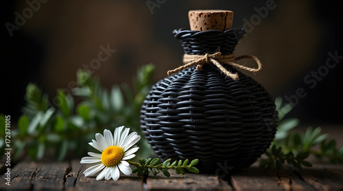 Dark wicker bottle with daisy on a rustic wooden surface