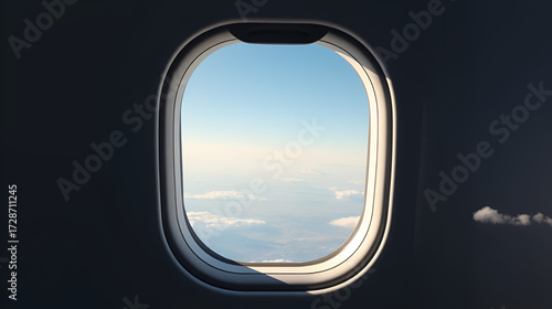 Empty airplane window frame with transparent background, perfect for showcasing landscapes or adding a travel touch to designs