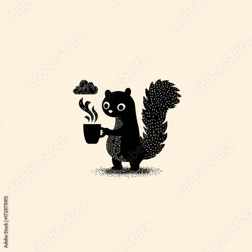 Cute squirrel silhouette holding a coffee cup