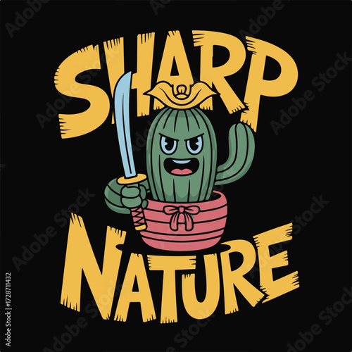 Whimsical cartoon doodle of a brave samurai cactus warrior with a sword ready for action isolated on white background