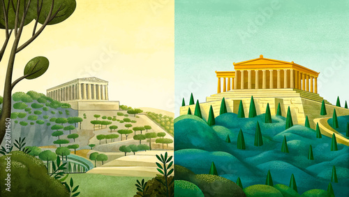 Acropolis of Athens, Greece, with Parthenon temple and ruins, ancient history, cultural heritage, European architecture, and famous world tourism destination illustration