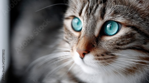 Close Up Portrait of a Tabby Cat with Bright Blue Eyes in Soft Lighting