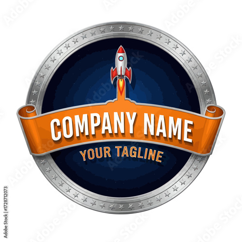 Retro Rocket Launch Company Logo Emblem with Starry Sky and Banner for Business Growth and Innovation, Flat Vector Elements, Vector Illustration, Simple Vector, Stylized Vector Drawing, Vector