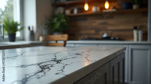 A kitchen island with a marble countertop and wooden wall