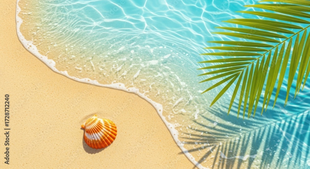 Obraz premium Tropical beach paradise gentle waves palm frond shell sand sunny day ocean view