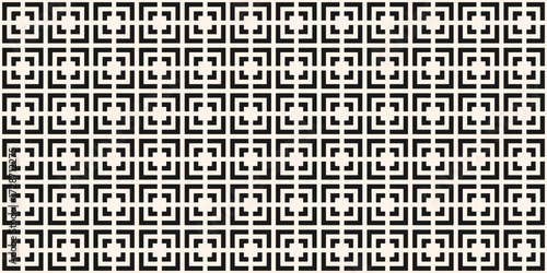 Monochrome abstract geometric seamless pattern with squares, lines, arrows, grid. Simple black and white vector texture. Background with cubic lattice, net, tiles. Repeating design for decor, print
