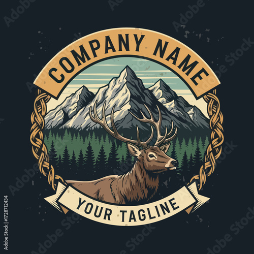 Wildlife Emblem with Majestic Elk, Mountain Forest Landscape, and Braided Rope Frame - Retro Outdoor Adventure Graphic Design, Flat Vector Elements, Vector Illustration, Simple Vector, Stylized
