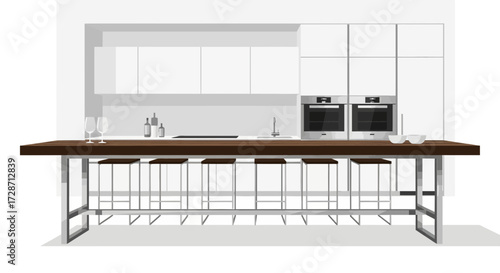 A Modern Kitchen Interior Design with Island and Bar Stools Illustration
